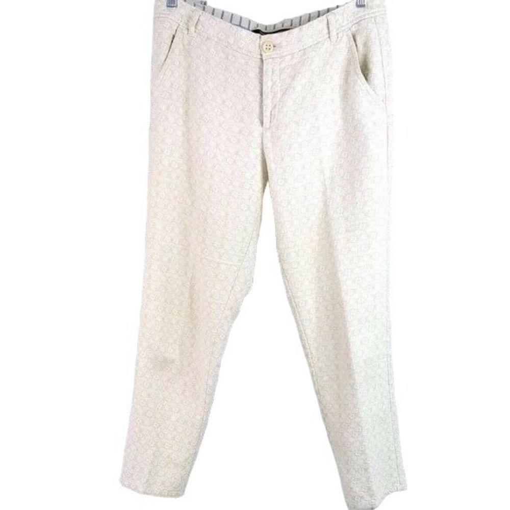 Anthropologie Daughters of Liberation jacquard cropped pants cream Size 12 geo